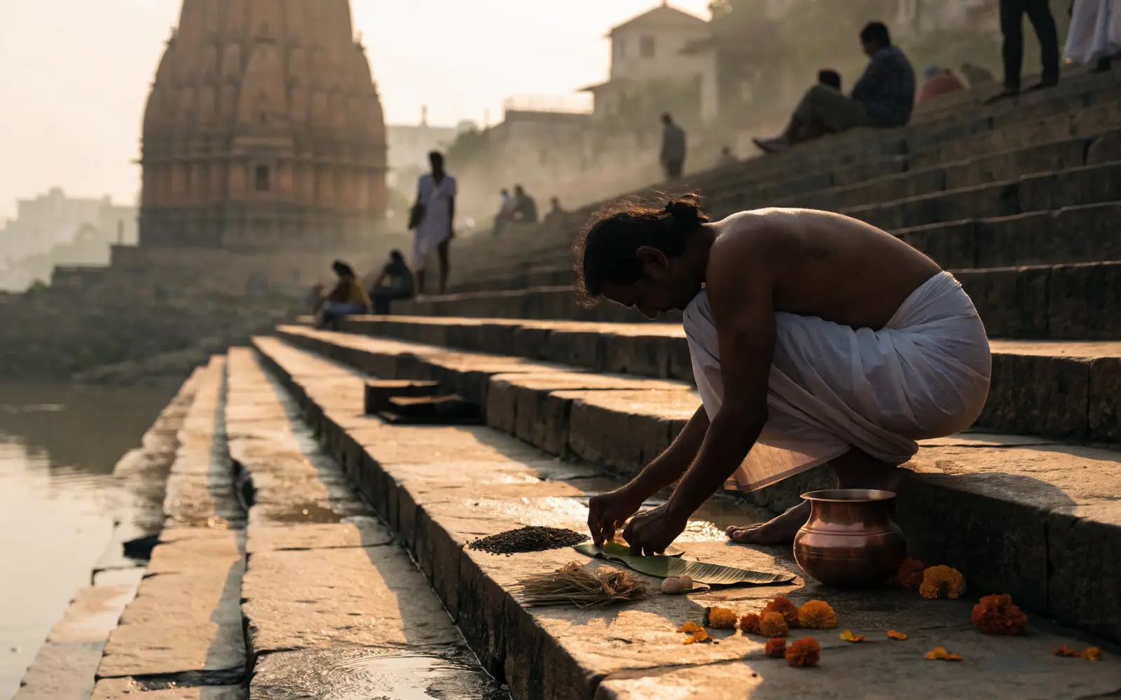 A pandit performs Pind Daan on the stone steps of the Falgu river at Gaya at sunrise, rice balls on a banana leaf before him, the Vishnupad Temple spire rising through the haze behind