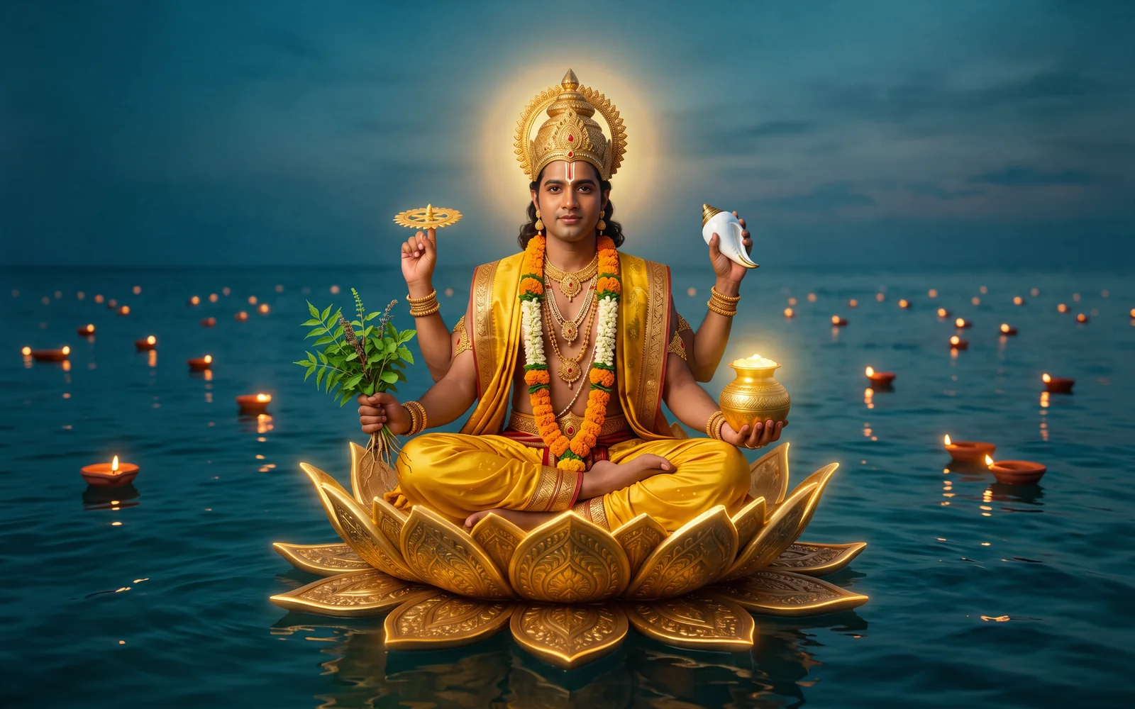 Four-armed Lord Dhanvantari in yellow silk seated on a golden lotus on the ocean at dusk, with a golden halo, holding the chakra, a conch, healing herbs and a glowing kalash of amrit, among floating diyas