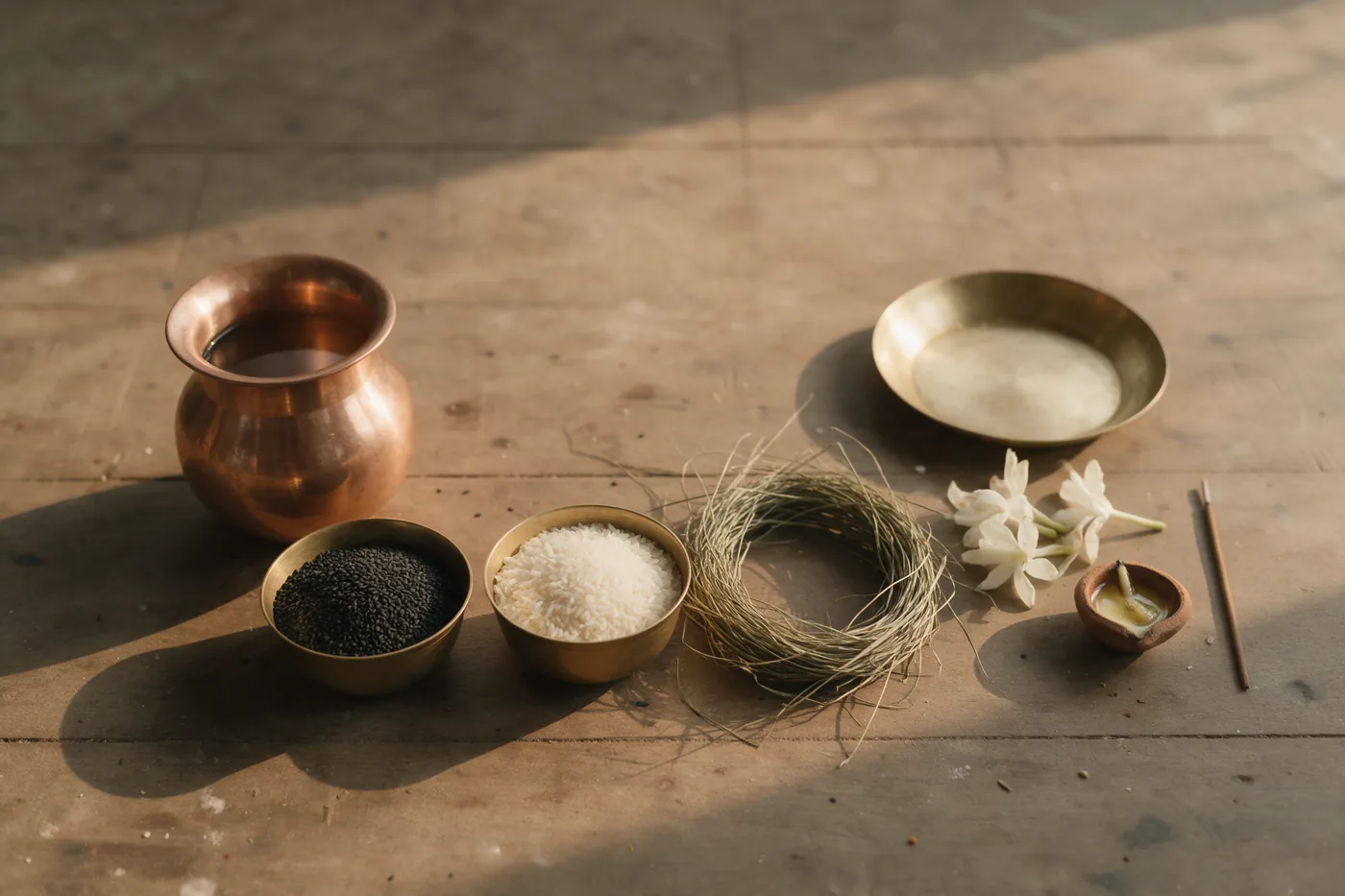 Overhead view of tarpan materials laid out on a wooden floor: a copper lota of water, brass bowls of black sesame seeds and white rice, a ring of kusha grass, white flowers, a shallow brass plate, a clay ghee lamp and an incense stick