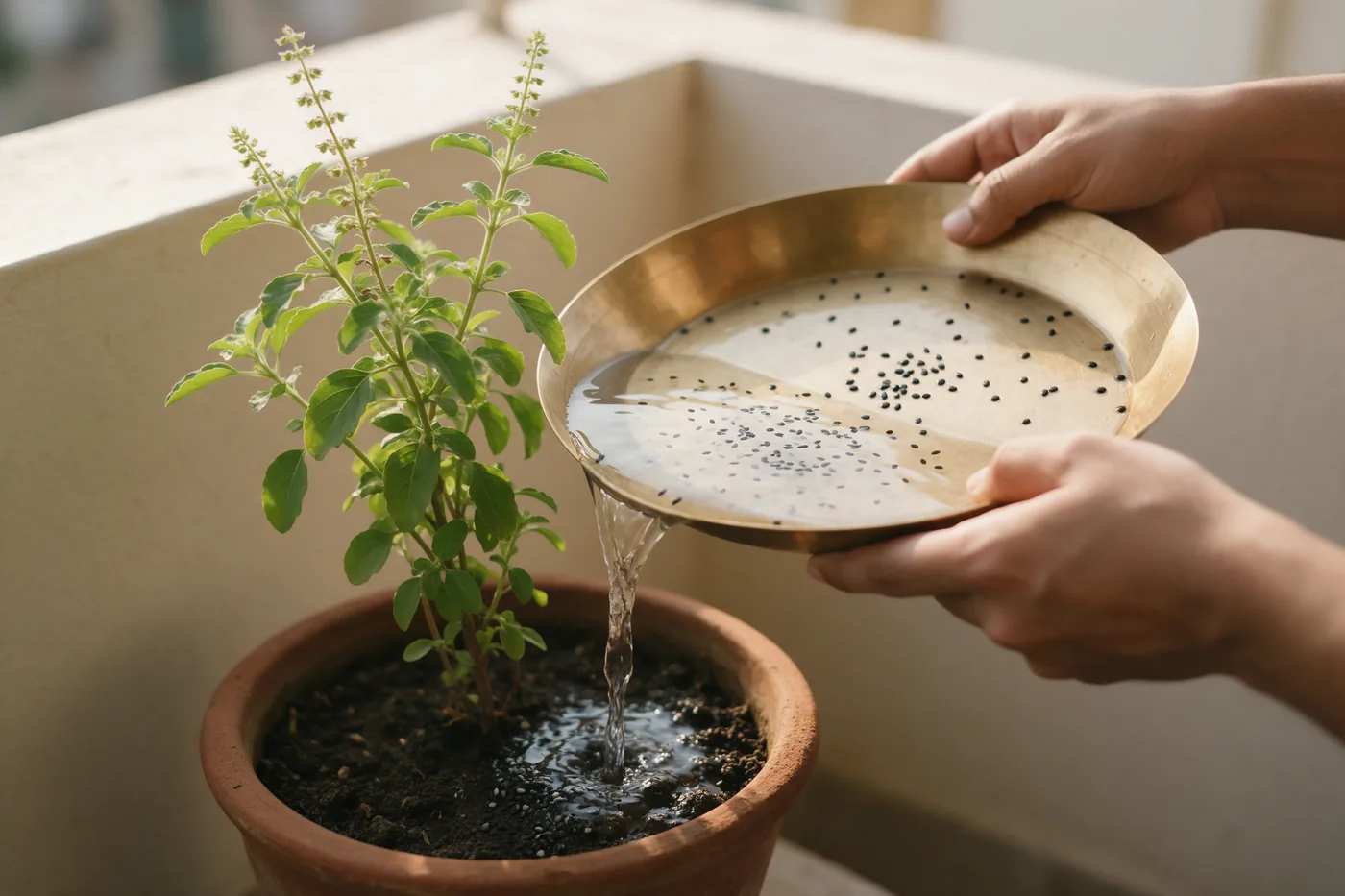 Two hands tipping a wide brass plate of water with black sesame seeds floating in it, the water pouring out onto the dark soil at the base of a potted tulsi plant on a home balcony