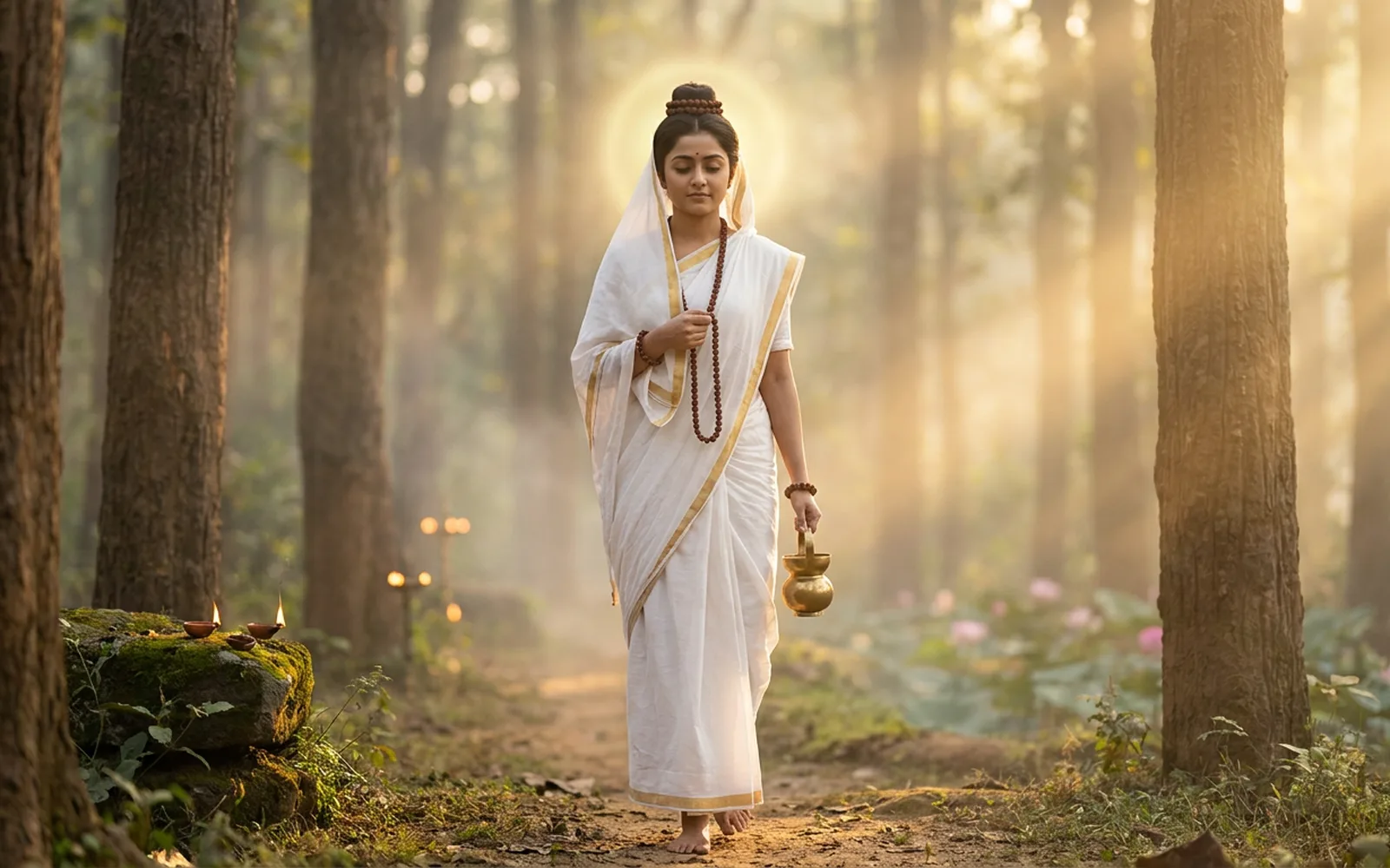 Maa Brahmacharini in a white saree walking barefoot through a misty forest at sunrise, a rudraksha japa mala in her right hand and a brass kamandalu in her left