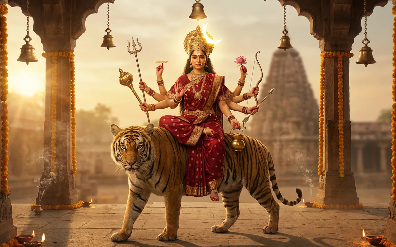 Maa Chandraghanta, ten-armed and crowned in gold, seated on a tiger in a temple courtyard hung with bells, the crescent moon shining above her crown