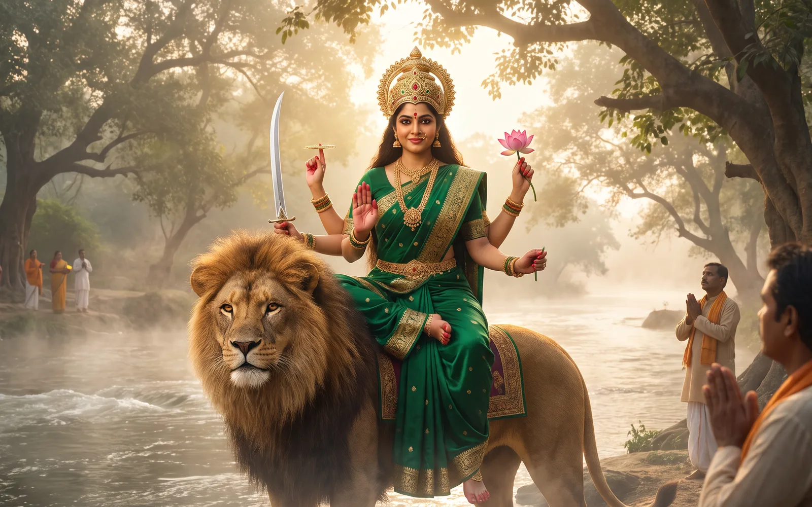 Maa Katyayani in a green saree riding a lion, a shining sword in one hand and a lotus in another, on the banks of the Yamuna at dawn