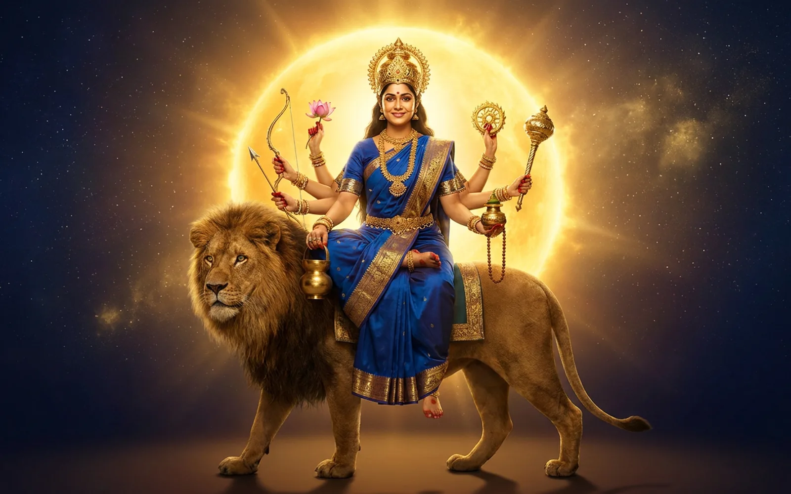 Maa Kushmanda, eight-armed and smiling, in a royal blue saree seated on a lion, a blazing golden sun rising behind her out of the dark cosmos