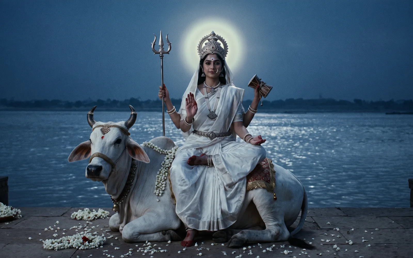 Maa Mahagauri dressed all in white, seated on a resting white bull at a Ganga ghat, holding a trishul and damaru under a full-moon glow, with jasmine scattered on the steps