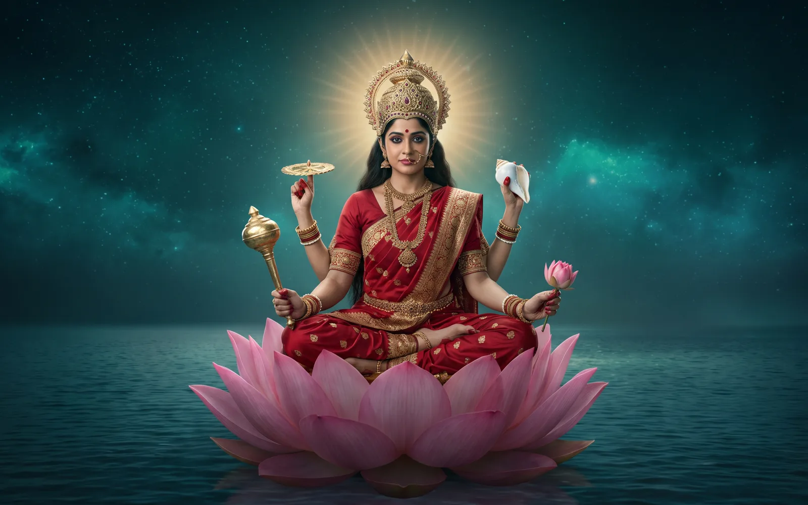 Maa Siddhidatri in a red saree seated on a fully bloomed lotus, holding a chakra, gada, conch and lotus, with a golden halo against a peacock-green sky