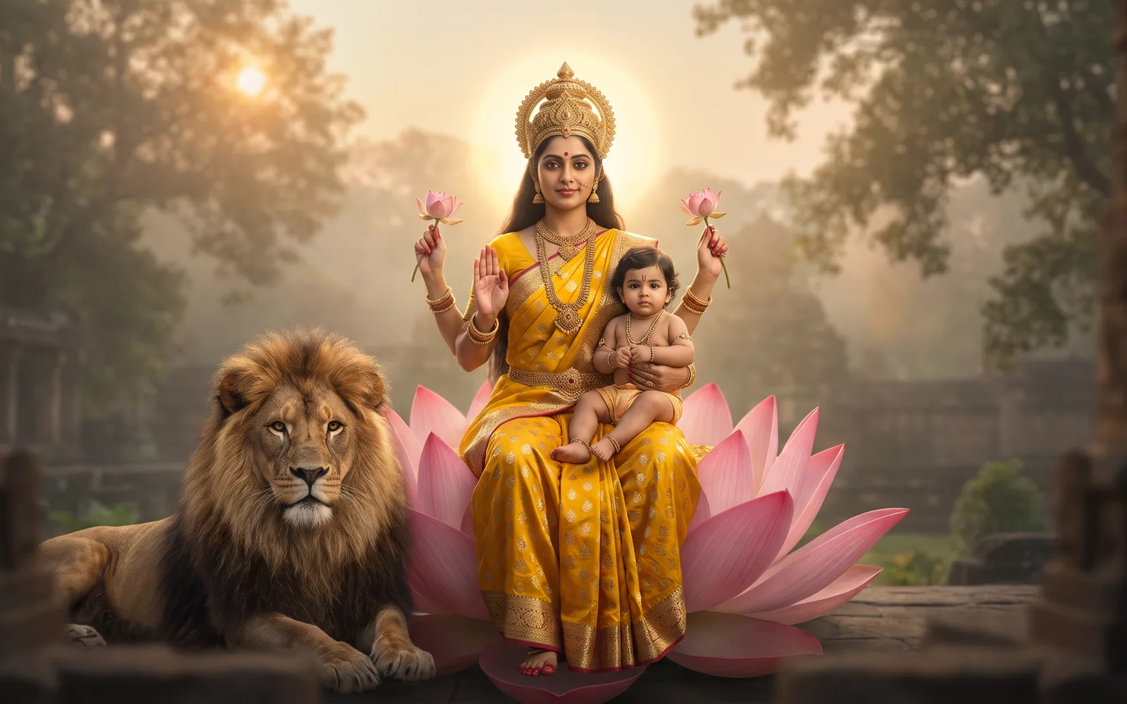 Maa Skandamata in a yellow saree seated on a lotus with the infant Kartikeya in her lap, lotuses in her hands and a lion resting beside her