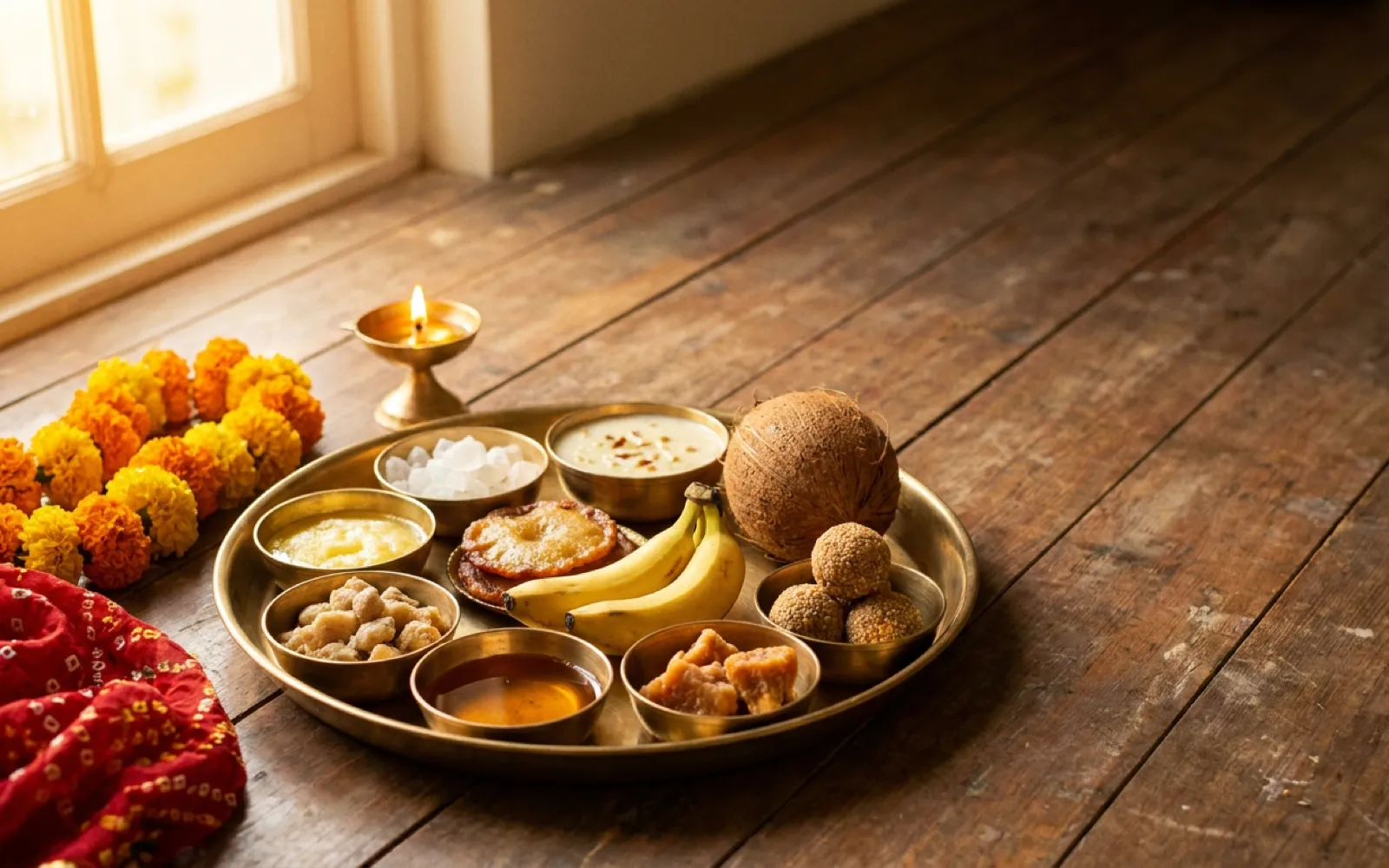 A brass Navratri bhog thali in morning light with ghee, mishri, kheer, malpua, banana, honey, jaggery, coconut and til ladoos beside a lit diya and marigolds