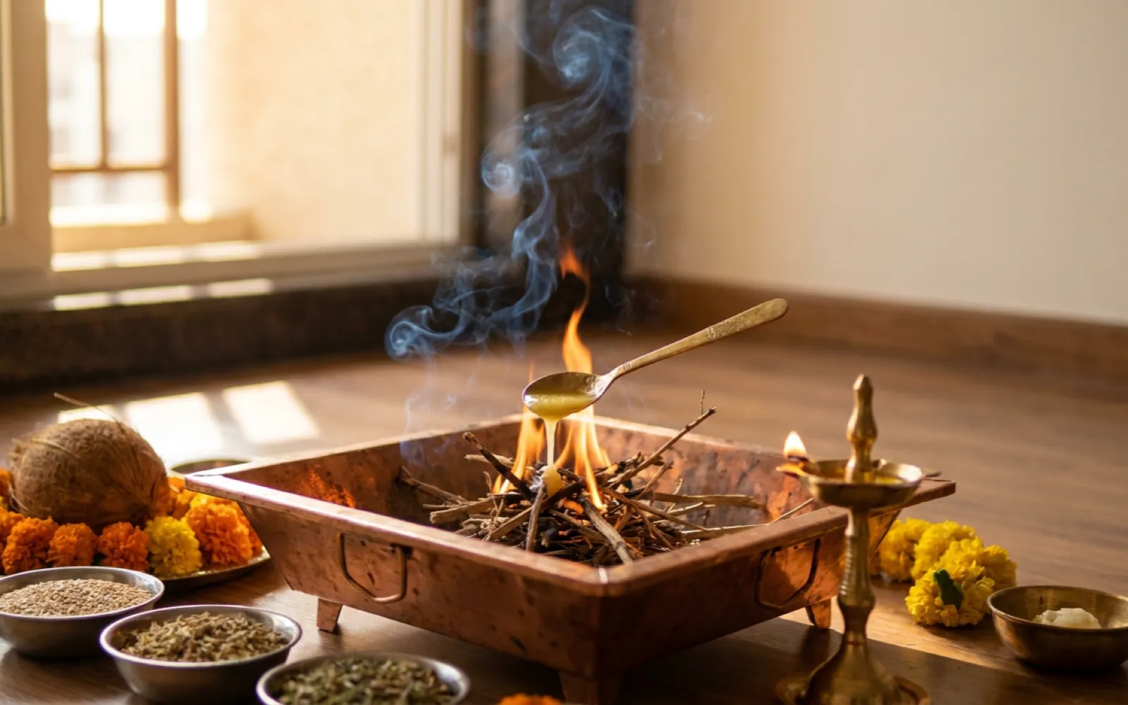 A small home Navratri havan: a copper havan kund with a gentle fire, a brass spoon of ghee, bowls of til and havan samagri, a coconut, marigolds and a lit diya