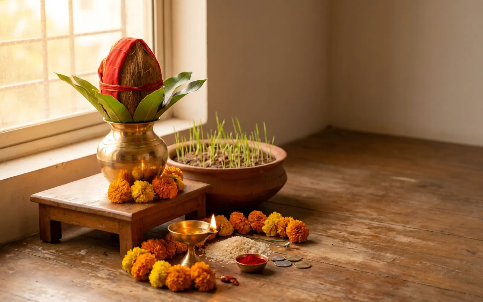 A Navratri Ghatasthapana setup at home: a brass kalash with mango leaves and a coconut in red chunri beside a clay pot of sown barley, a lit diya and marigolds