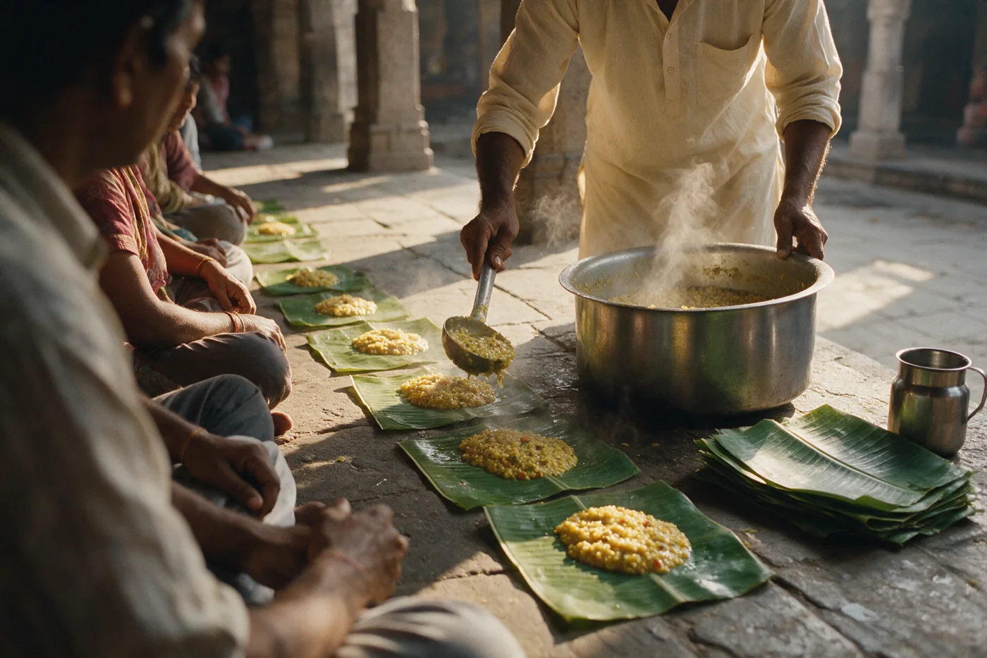 A volunteer ladles steaming khichdi onto banana-leaf plates laid in a row on a temple courtyard floor, people seated waiting in the morning light