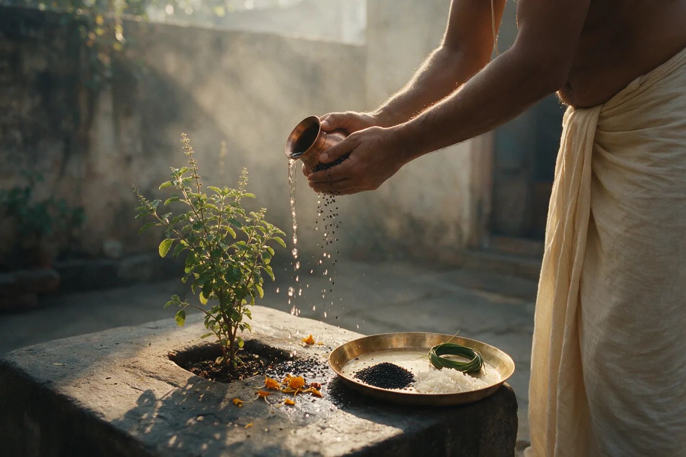 Water and black sesame poured from a small copper vessel onto a raised stone tulsi platform in a home courtyard, a brass thali with rice and kusha grass beside it
