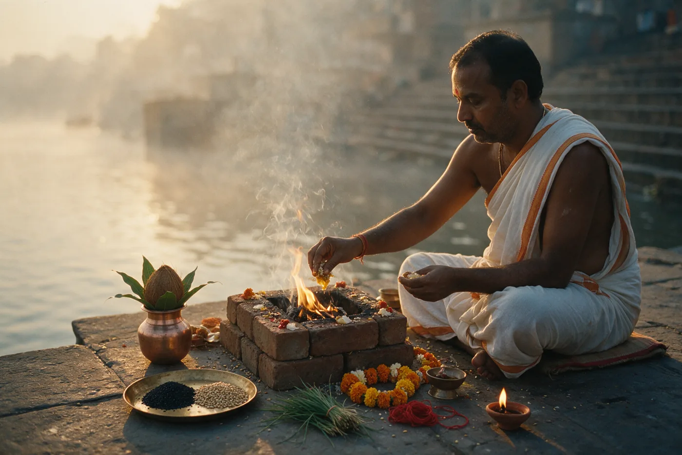 A priest in a white dhoti feeds offerings into a small brick fire altar on a riverside stone platform at sunrise, with a copper kalash, black sesame, kusha grass and marigolds arranged around it