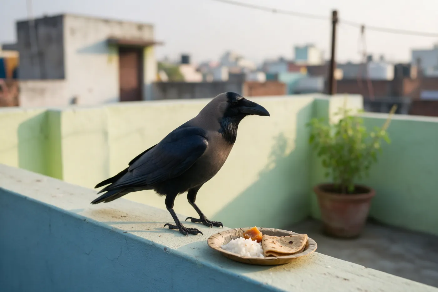 A house crow on a terrace ledge beside a leaf plate of rice, roti and a sweet