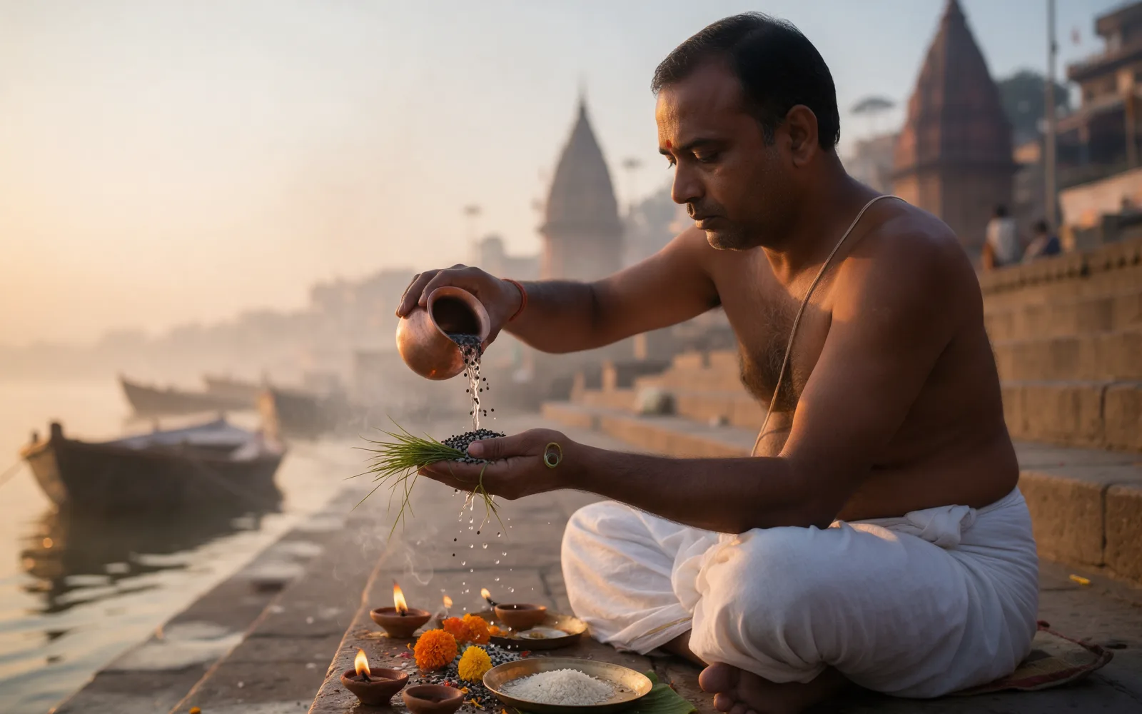 A pandit performs tarpan at dawn on a Varanasi ghat, pouring water and black sesame over kusha grass, diyas and marigolds on the steps