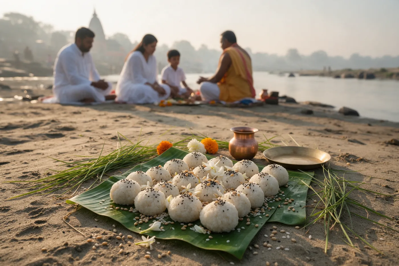 Rice pindas on a banana leaf with sesame and flowers at the riverbank, a family seated with a priest behind