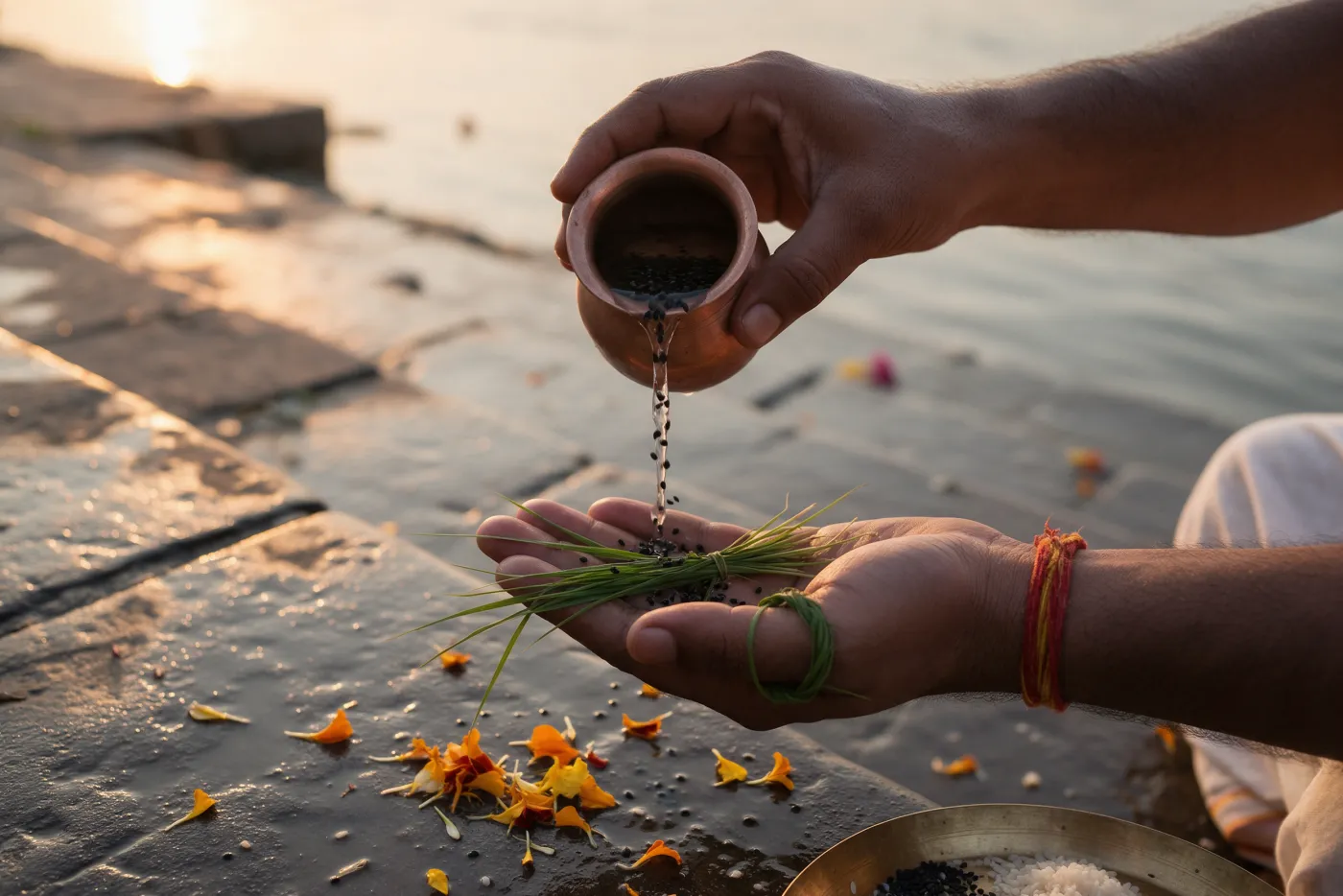 Close-up of hands pouring water and black sesame from a copper lota over kusha grass, a kusha ring on the finger