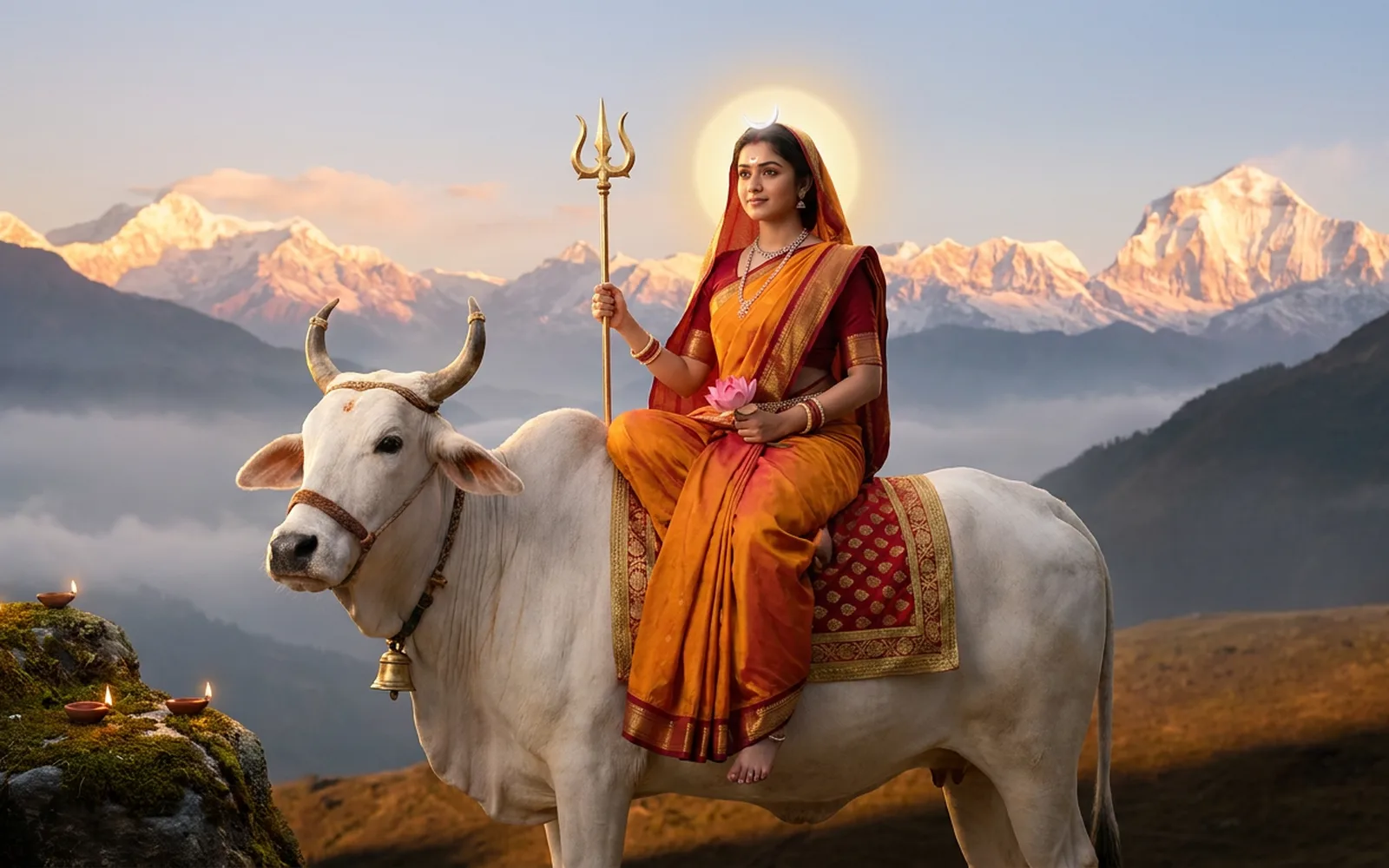 Maa Shailputri in a saffron saree seated on Nandi the white bull, holding a golden trishul and a pink lotus, snow-capped Himalayan peaks glowing at sunrise behind her