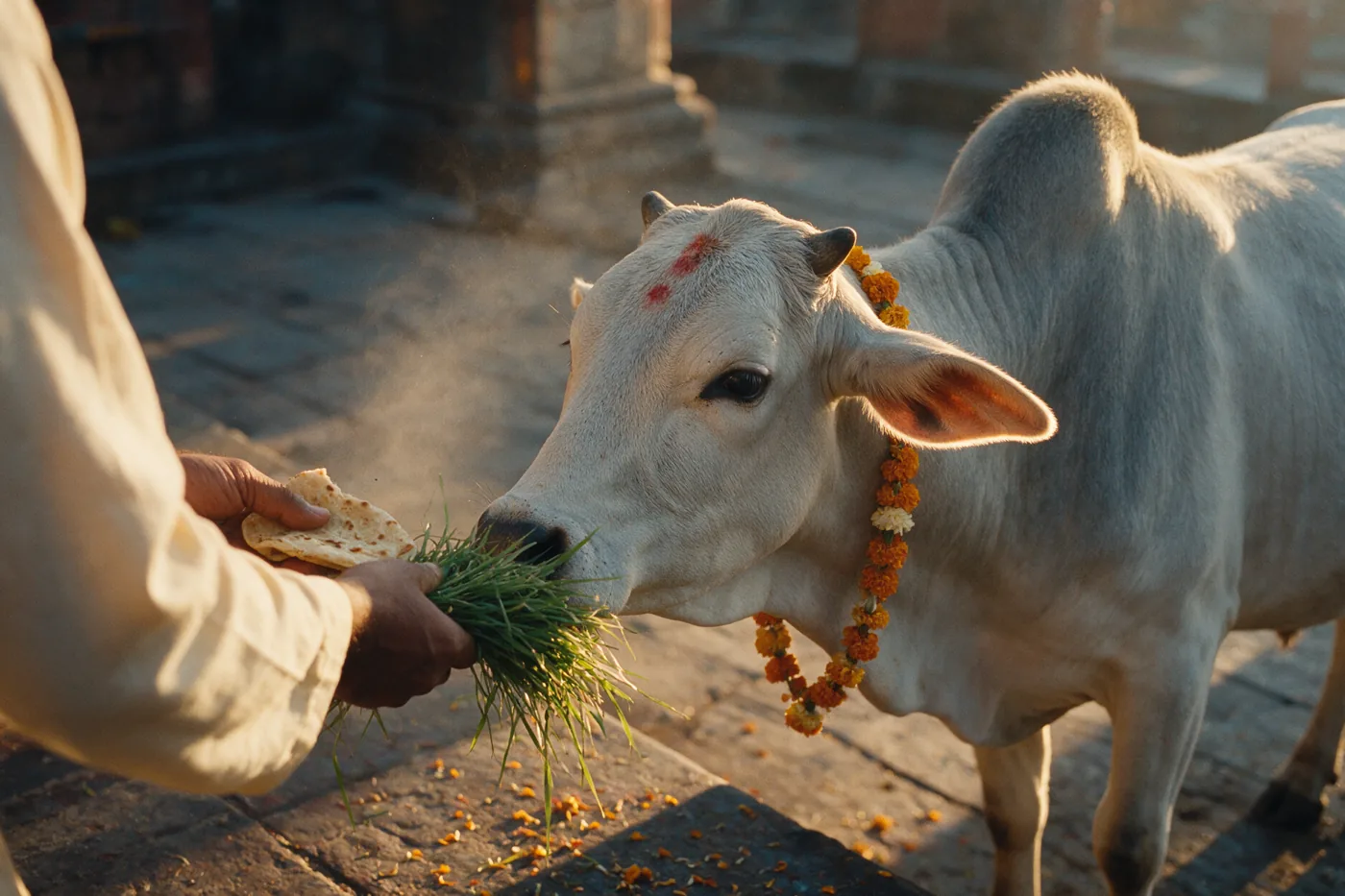 Hands offering fresh green fodder and a piece of flatbread to a white zebu cow garlanded with marigolds in a temple courtyard at dawn