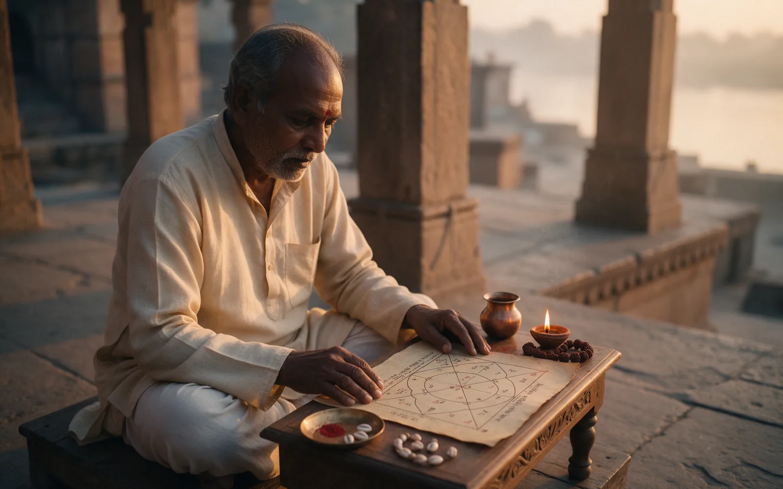 A Vedic astrologer sits cross-legged at dawn on a Varanasi ghat reading a hand-drawn birth chart on aged paper, a clay diya, copper pot and rudraksha mala beside him