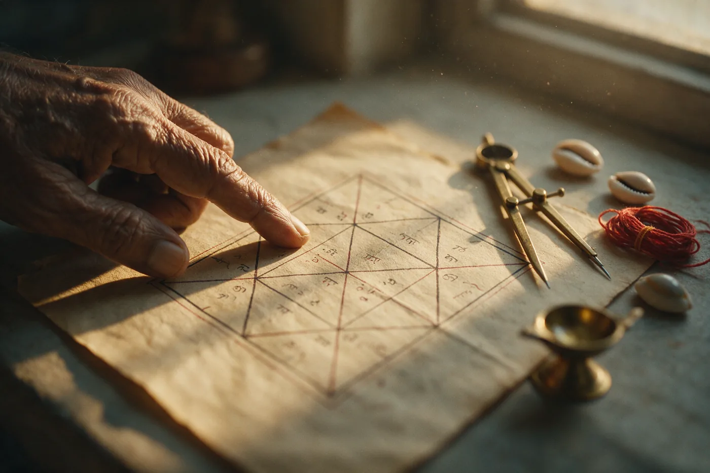 A hand-drawn North Indian birth chart on aged paper, an elderly finger resting on one house, brass dividers and cowrie shells beside it in morning light