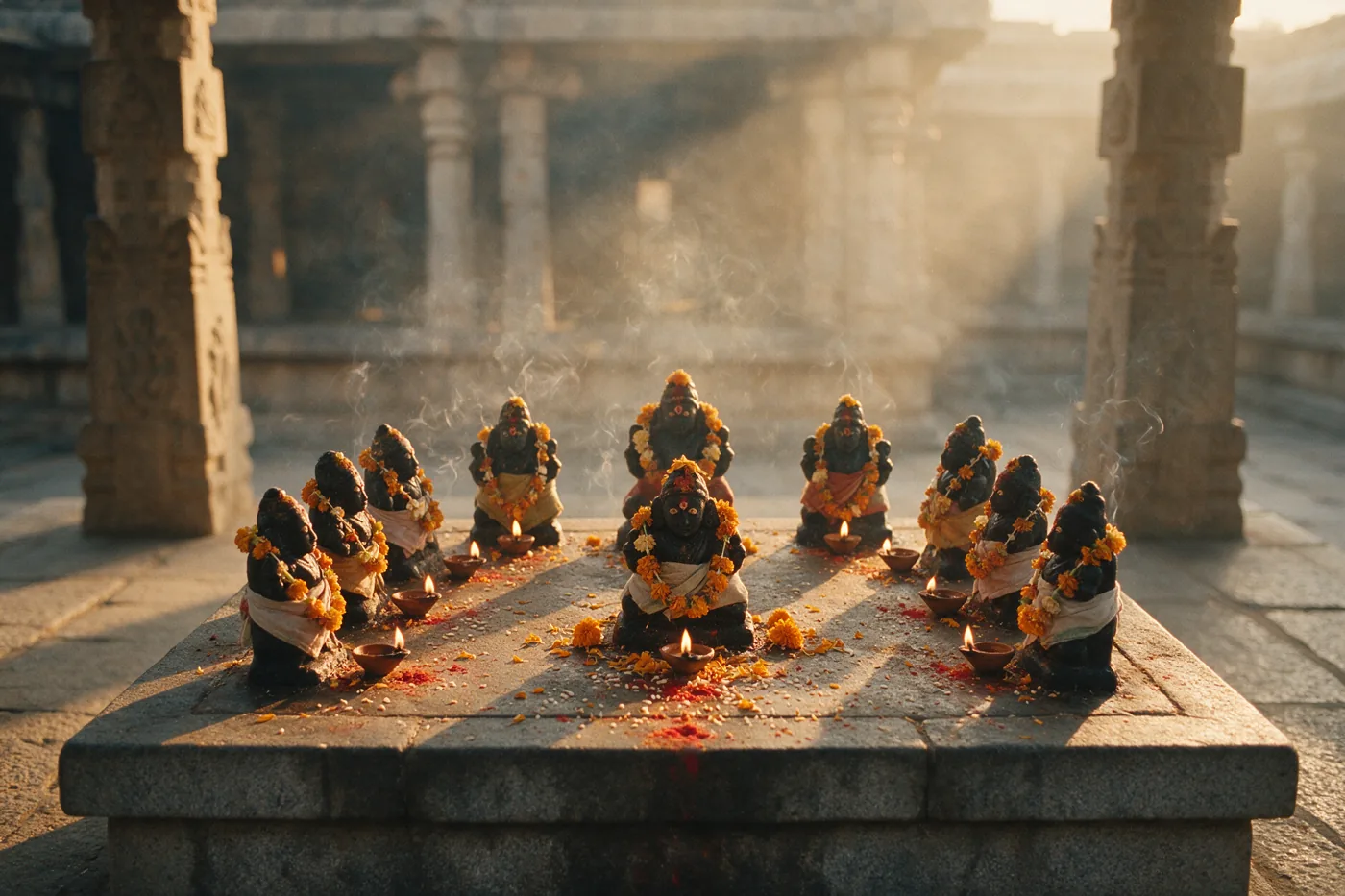 Nine small black granite Navagraha idols on a raised stone platform in a temple courtyard at sunrise, each garlanded with marigolds with oil lamps burning in front