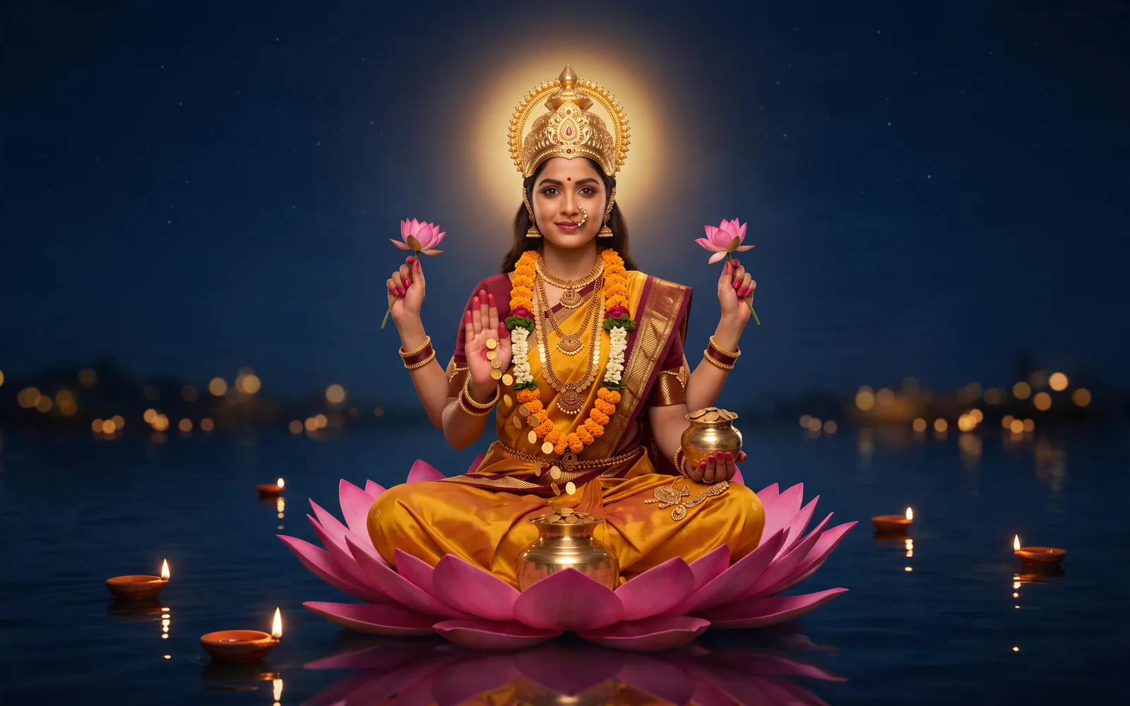 Four-armed Goddess Dhan Lakshmi in a golden-yellow silk saree seated on a pink lotus on dark water at night, holding two lotuses and a gold pot, gold coins falling from her raised hand into a brass kalash, with floating diyas around her